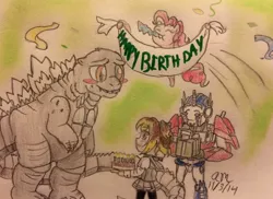 Size: 1024x744 | Tagged: artist:fallenangel5414, birthday party, cake, derpibooru import, food, godzilla, godzilla 2014, godzilla (series), human, kaiju, oc, optimus prime, party, pinkie pie, safe, traditional art, transformers, transformers prime