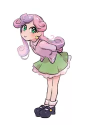 Size: 525x700 | Tagged: :>, artist:karashim, blushing, clothes, cute, derpibooru import, diasweetes, human, humanized, looking at you, pixiv, safe, simple background, skirt, smiling, solo, sweetie belle, white background