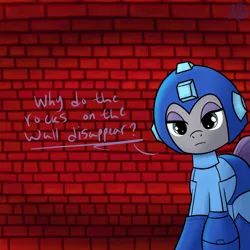 Size: 1024x1024 | Tagged: artist:yuradhear, brick wall, crossover, derpibooru import, disappearing blocks, heatman, heatman's stage, helmet, maud pie, megaman, megamare, pun, robot, rock, rock man, rock mare, rockmare, safe, solo, talking, that pony sure does love rocks