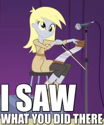 Size: 500x600 | Tagged: safe, derpibooru import, edit, edited screencap, screencap, derpy hooves, equestria girls, rainbow rocks, bow (instrument), caption, derp, i see what you did there, image macro, microphone, musical instrument, musical saw, pun, reaction image, saw, solo, text, violin bow