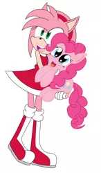 Size: 1260x2160 | Tagged: safe, artist:luckyacesnof, derpibooru import, pinkie pie, pony, amy rose, crossover, cute, holding a pony, hug, simple background, smiling, sonic the hedgehog (series), white background