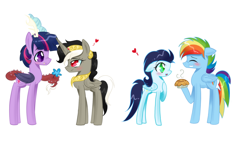 Size: 2072x1244 | Tagged: safe, artist:celinesparkle, derpibooru import, discord, rainbow dash, soarin', twilight sparkle, twilight sparkle (alicorn), ponified, alicorn, draconequus, pony, discolight, draconequified, dusk shine, duskeris, eris, female, flower, food, male, pie, princess discord, rainbow blitz, role reversal, rule 63, shipping, soarindash, species swap, straight, that pony sure does love pies, twikonequus