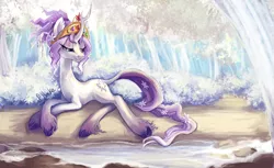 Size: 3279x2010 | Tagged: safe, artist:r0b0tassassin, derpibooru import, tree of harmony, oc, oc:harmony (heilos), ponified, unofficial characters only, classical unicorn, pony, unicorn, big crown thingy, cloven hooves, element of generosity, element of honesty, element of kindness, element of laughter, element of loyalty, element of magic, elements of harmony, flower, flower in hair, forest, jewelry, leonine tail, regalia, solo, unshorn fetlocks