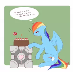 Size: 994x986 | Tagged: artist:dieva4130, cake, companion cube, crossover, derpibooru import, food, gritted teeth, pinkie pie, portal (valve), rainbow dash, safe, sitting, strawberry, the cake is a lie