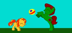 Size: 1006x467 | Tagged: safe, derpibooru import, sunset shimmer, oc, ponified, earth pony, pony, unicorn, pony creator, ball, blue's clues, eyes closed, father and child, father and daughter, female, filly, happy, laughing, male, playing, stallion, steve