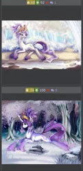 Size: 425x876 | Tagged: safe, artist:r0b0tassassin, artist:santagiera, derpibooru import, tree of harmony, oc, oc:harmony (heilos), ponified, unofficial characters only, classical unicorn, pony, unicorn, derpibooru, big crown thingy, cloven hooves, element of generosity, element of honesty, element of kindness, element of laughter, element of loyalty, element of magic, elements of harmony, exploitable meme, flower, flower in hair, forest, grass, jewelry, juxtaposition, juxtaposition win, leonine tail, meme, meta, prone, regalia, smiling, solo, unshorn fetlocks