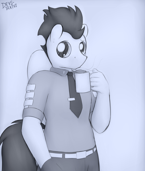 Size: 1089x1280 | Tagged: anthro, artist:devs-iratvs, clothes, coffee, derpibooru import, safe, soarin', solo, uniform