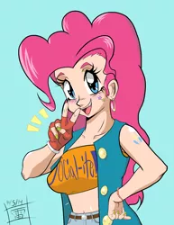 Size: 3564x4612 | Tagged: 90's fashion, absurd resolution, alternative cutie mark placement, artist:thethunderpony, belly button, belt, belt buckle, big breasts, bracelet, breasts, clothes, cutie mark, denim, derpibooru import, ear piercing, earring, female, fingerless gloves, gloves, human, humanized, jewelry, midriff, nail polish, piercing, pinkie pie, safe, sleeveless, smiling, solo, style emulation, vest