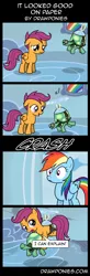 Size: 850x2600 | Tagged: artist:drawponies, caught, cloudsdale, comic, derpibooru import, flying, goggles, helicopter, missing wing, rainbow dash, safe, scootaloo, scootaloo can't fly, tank