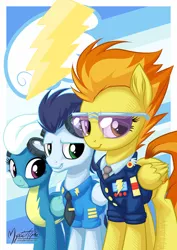 Size: 868x1228 | Tagged: safe, artist:mysticalpha, derpibooru import, fleetfoot, soarin', spitfire, pegasus, pony, clothes, female, glasses, goggles, looking at you, male, mare, necktie, poster, shirt, smiling, stallion, uniform, wonderbolts, wonderbolts dress uniform, wonderbolts uniform