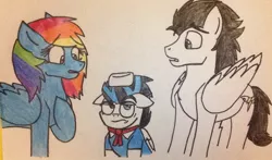 Size: 1190x698 | Tagged: safe, artist:pimpartist101, derpibooru import, rainbow dash, soarin', oc, oc:icy storm, clothes, female, hat, male, offspring, old cutie mark, parent:rainbow dash, parent:soarin', parents:soarindash, shipping, soarindash, straight