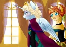 Size: 900x642 | Tagged: safe, artist:kikuri-tan, deleted from derpibooru, derpibooru import, ponified, alicorn, pony, unicorn, anna, elsa, freckles, frozen (movie)