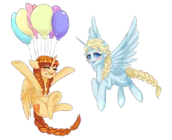 Size: 1300x1055 | Tagged: safe, artist:kikuri-tan, deleted from derpibooru, derpibooru import, ponified, alicorn, pony, anna, balloon, balloon popping, elsa, frozen (movie), popping, underhoof