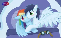 Size: 1280x800 | Tagged: suggestive, artist:tasticstarlight, derpibooru import, rainbow dash, soarin', aftersex, bandaid, bed, blushing, cuddling, female, goggles, hug, male, messy mane, shipping, smiling, snuggling, soarindash, spread wings, straight, wings