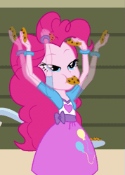 Size: 379x532 | Tagged: safe, derpibooru import, screencap, pinkie pie, equestria girls, rainbow rocks, animated, balloon, bracelet, clothes, cookie, cute, food, jewelry, punch (drink), punch bowl, skirt, solo