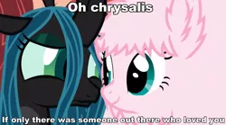 Size: 960x534 | Tagged: caption, derpibooru import, evil, frozen (movie), heartbreak, if only somebody loved you, image macro, meme, oc, oc:fluffle puff, queen chrysalis, safe, shipping denied, text