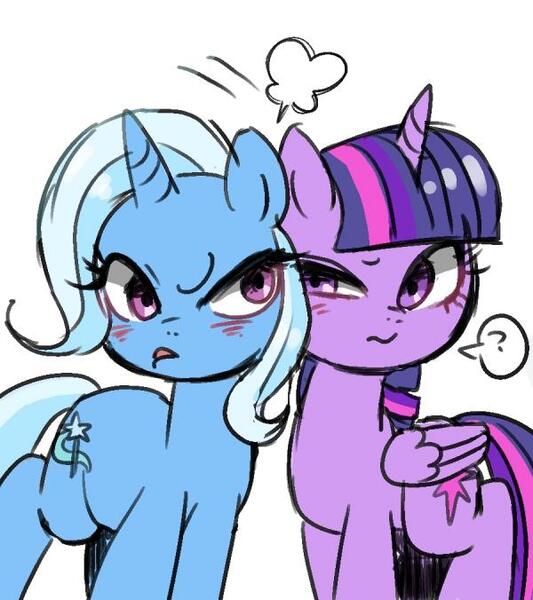 Size: 600x676 | Tagged: safe, artist:susu, derpibooru import, trixie, twilight sparkle, twilight sparkle (alicorn), alicorn, pony, conflict, female, mare, question mark