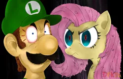 Size: 1660x1068 | Tagged: angry, artist:dfkjr, blood vessel, crossover, derpibooru import, facial hair, fluttershy, glowing eyes, looking at you, luigi, luigi's death stare, messy mane, moustache, nintendo, oh shit, safe, stare, super mario bros., the stare, this will end in death, this will end in pain, vein, vein bulge, wrong neighborhood