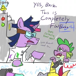 Size: 800x800 | Tagged: artist:jargon scott, barb, clothes, comic, derpibooru import, dusk shine, frankenpony, frankenstein's monster, lab coat, laboratory, oc, oc:mismatch, rule 63, safe, spike, twilight sparkle