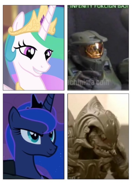 Size: 673x943 | Tagged: arbiter, arby n the chief, comparison, derpibooru import, exploitable meme, halo (series), make it happen, master chief, meme, princess celestia, princess luna, safe