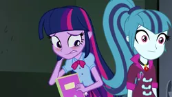 Size: 1280x720 | Tagged: safe, derpibooru import, edit, edited screencap, screencap, sonata dusk, twilight sparkle, twilight sparkle (alicorn), alicorn, equestria girls, rainbow rocks, :|, female, lesbian, shipping, starenata, thousand yard stare, twilight dusk, twinata