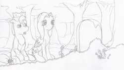 Size: 2376x1348 | Tagged: safe, artist:parallel black, derpibooru import, fluttershy, pegasus, pony, royale filly, cedric (filly funtasia), crossover, filly funtasia, forest, grave, monochrome, whitetail woods, wip