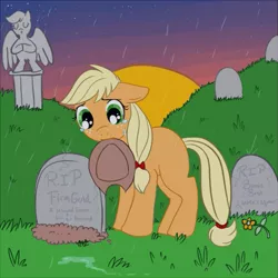 Size: 525x525 | Tagged: applejack, applejack's parents, artist:lulubell, crying, derpibooru import, flower, grave, rain, sad, safe, solo, statue