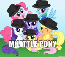 Size: 610x537 | Tagged: applejack, derpibooru import, euphoric, fedora, fedora shaming, fluttershy, hat, looking at you, mane six, m'lady, pinkie pie, rainbow dash, rarity, safe, trilby, twilight sparkle