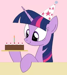 Size: 389x437 | Tagged: safe, artist:hyolark, derpibooru import, twilight sparkle, twilight sparkle (alicorn), alicorn, pony, cake, food, hat, party hat, solo