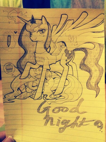 Size: 900x1200 | Tagged: artist:cakewasgood, derpibooru import, luna's shirt, princess celestia, princess luna, safe, traditional art