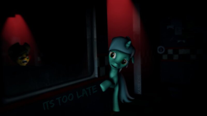Size: 1024x576 | Tagged: animatronic, applefreddy, applejack, derpibooru import, five nights at aj's, five nights at freddy's, glowing eyes, lyra heartstrings, robot, safe, scared, solo