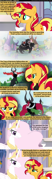 Size: 1120x3810 | Tagged: safe, artist:beavernator, derpibooru import, cerberus (character), lord tirek, princess celestia, sunset shimmer, cerberus, pony, comic:end of a generation, alternate ending, comic, multiple heads, three heads