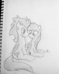 Size: 1024x1278 | Tagged: safe, artist:mythologynerd101, derpibooru import, rainbow dash, soarin', blushing, female, male, monochrome, old cutie mark, shipping, sketch, soarindash, straight, traditional art