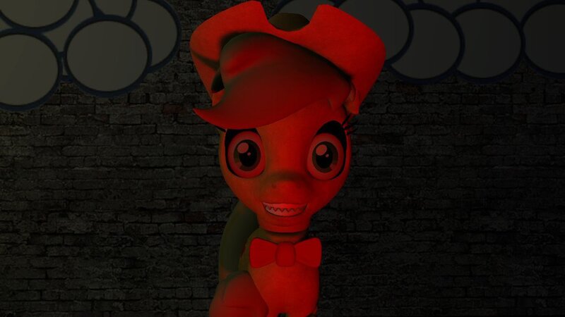 Size: 1024x576 | Tagged: animatronic, applefreddy, applejack, creepy, creepy smile, derpibooru import, five nights at aj's, five nights at freddy's, insanity, red light, robot, safe, smiling, solo, watching