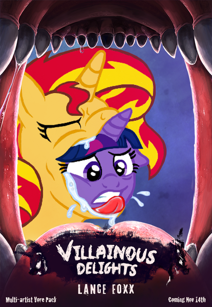 Size: 600x869 | Tagged: questionable, artist:lance foxx, derpibooru import, sunset shimmer, twilight sparkle, twilight sparkle (alicorn), alicorn, pony, female, fetish, mare, preview, preylight, villainous delights, vore, voreset shimmer