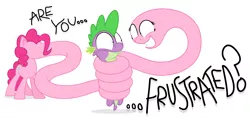 Size: 4246x1999 | Tagged: safe, artist:zutheskunk, derpibooru import, pinkie pie, spike, are you frustrated?, caption, coils, eye contact, image macro, looking at each other, meme, nightmare fuel, simple background, text, vector, wat, white background