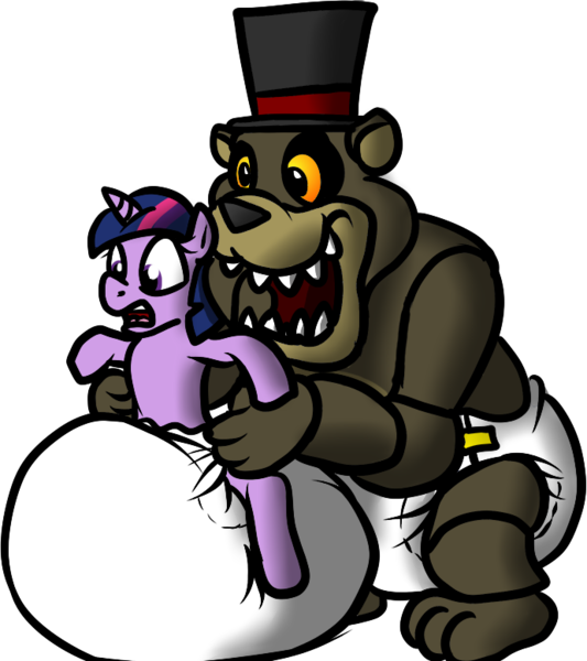 Size: 691x778 | Tagged: questionable, artist:pidgopidgey, derpibooru import, twilight sparkle, clean diaper, crossover, diaper, diaper fetish, fetish, five nights at freddy's, freddy fazbear, image, impossibly large diaper, inflatable diaper, png, poofy diaper, super crinkle pony adventure 64