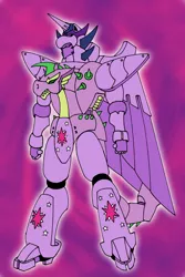 Size: 633x950 | Tagged: safe, artist:combatkaiser, derpibooru import, spike, twilight sparkle, twilight sparkle (alicorn), alicorn, dragon, pony, robot, mechanized