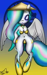 Size: 713x1120 | Tagged: anthro, artist:lennonblack, belly button, blank eyes, derpibooru import, mortal kombat, princess celestia, raiden, raiden (mortal kombat), safe, thunder, trace