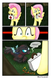 Size: 2025x3067 | Tagged: a little kindness (comic), artist:maerafey, changeling, comic, derpibooru import, fluttershy, injured, medkit, safe