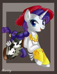 Size: 561x730 | Tagged: artist:hikariviny, cowgirl, cowprint, crossover, derpibooru import, idw, jessie (toy story), rarity, safe, solo, toy story