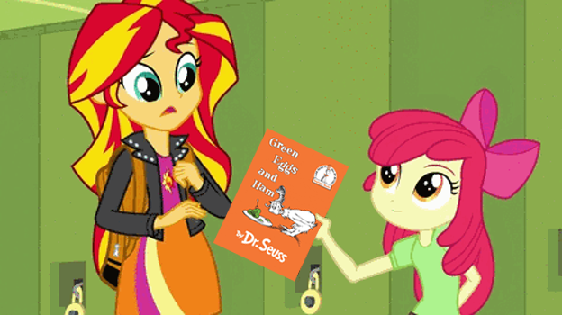 Size: 624x350 | Tagged: safe, derpibooru import, apple bloom, sunset shimmer, equestria girls, rainbow rocks, apple bloom's book, book, dr. seuss, exploitable meme, green eggs and ham, meme