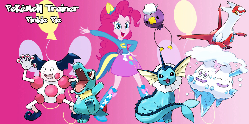 Size: 800x400 | Tagged: safe, artist:lightdegel, derpibooru import, pinkie pie, drifloon, latias, totodile, vanilluxe, vaporeon, equestria girls, mr. mime, pokémon