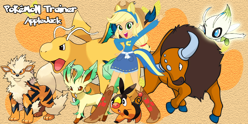 Size: 800x400 | Tagged: safe, artist:lightdegel, derpibooru import, applejack, arcanine, celebi, dragonite, leafeon, tauros, tepig, equestria girls, pokémon