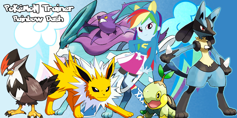 Size: 800x400 | Tagged: safe, artist:lightdegel, derpibooru import, rainbow dash, crobat, jolteon, lucario, staraptor, suicune, turtwig, equestria girls, pokémon