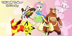 Size: 800x400 | Tagged: safe, artist:lightdegel, derpibooru import, fluttershy, beautifly, flareon, lopunny, mew, pichu, ursaring, equestria girls, pikachu-colored pichu, pokémon, pokémon team