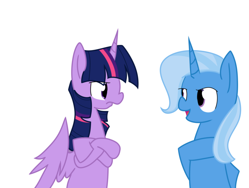 Size: 2254x1700 | Tagged: safe, artist:yaaaco, derpibooru import, trixie, twilight sparkle, twilight sparkle (alicorn), alicorn, pony, female, mare, simple background, unamused