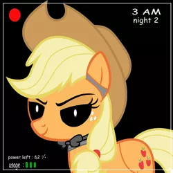 Size: 894x894 | Tagged: applefreddy, applejack, bow, camera, camera shot, derpibooru import, five nights at aj's, five nights at freddy's, looking at you, safe, solo