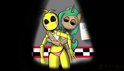 Size: 6048x3456 | Tagged: artist:zacproductions, belly button, chica, crossover, derpibooru import, five nights at freddy's, five nights at freddy's 2, oc, oc:glimmering springs, safe, shipping, toy chica