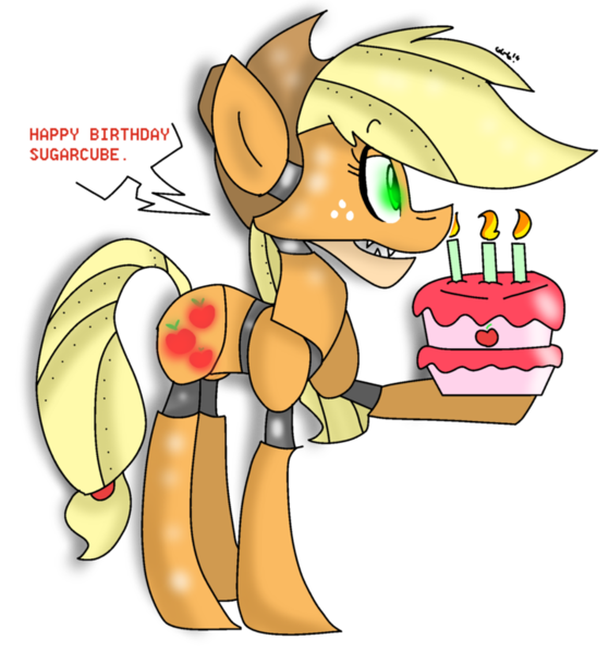 Size: 862x926 | Tagged: animatronic, applefreddy, applejack, birthday cake, cake, derpibooru import, five nights at aj's, five nights at freddy's, food, party, robot, safe, solo